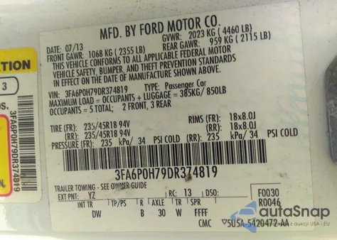 2013 Ford Fusion Se из США, поврежденный, VIN 3FA6P0H79DR374819